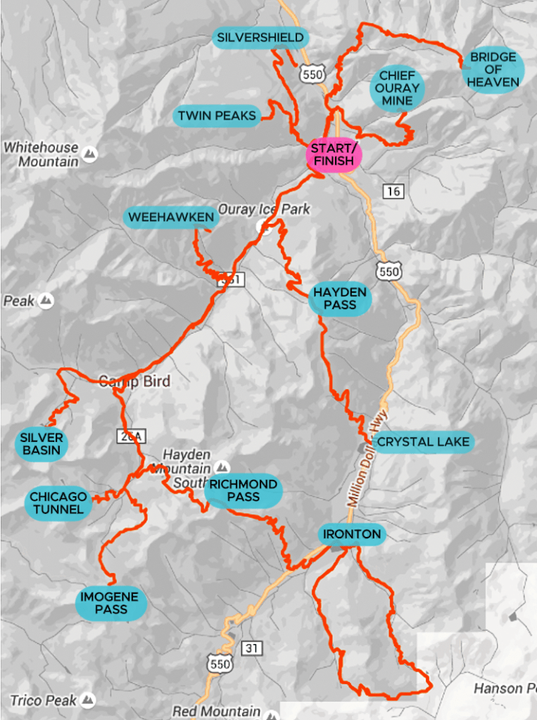 A topographic map highlighting the course for Ouray 100 ultramarathon highlighting the various significant points in the race and aid stations