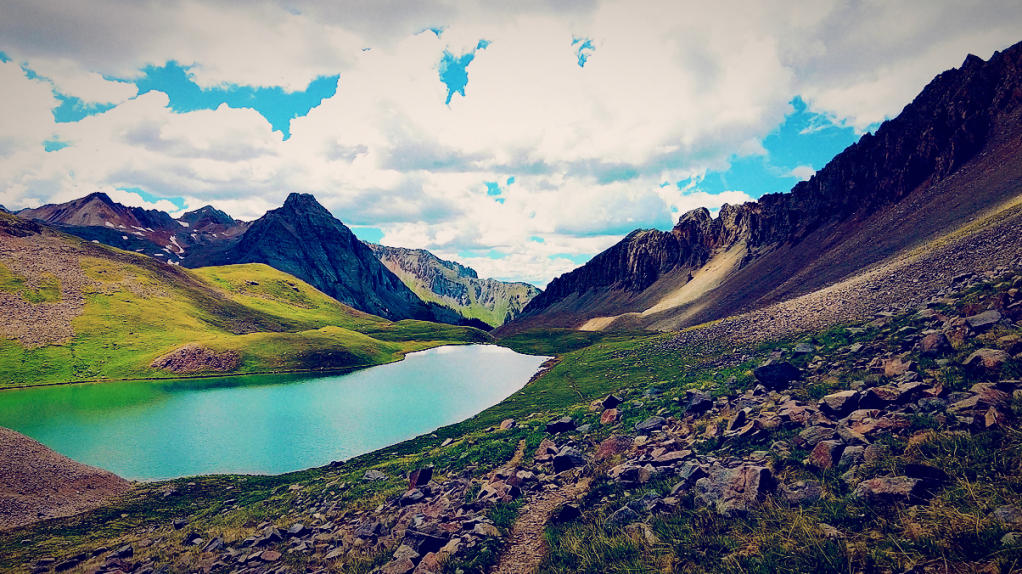 Looking down from Blue Lakes Pass on the descent from Mt. Sneffels in the San Juan Mountains of Colorado
