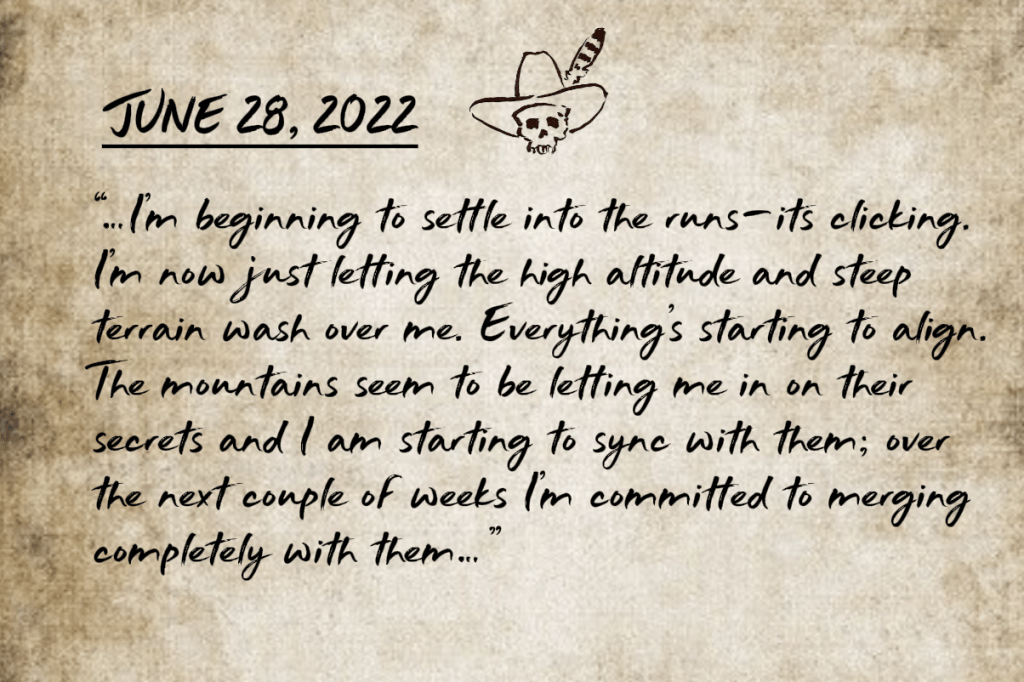 The first journal entry from a month of altitude training on distressed old paper