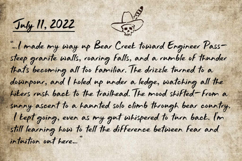 A second journal entry from a month long high altitude adventure in the San Juan Mountains on distressed old paper